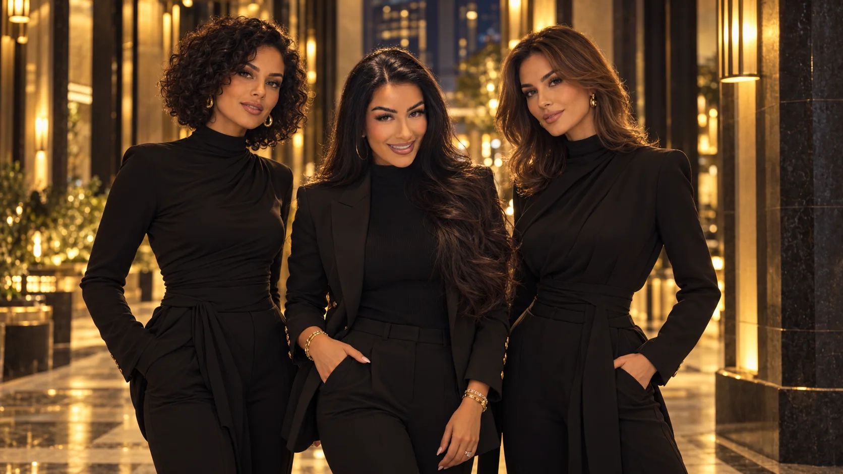 Natalia with two women in black evening tailoring and jewellery