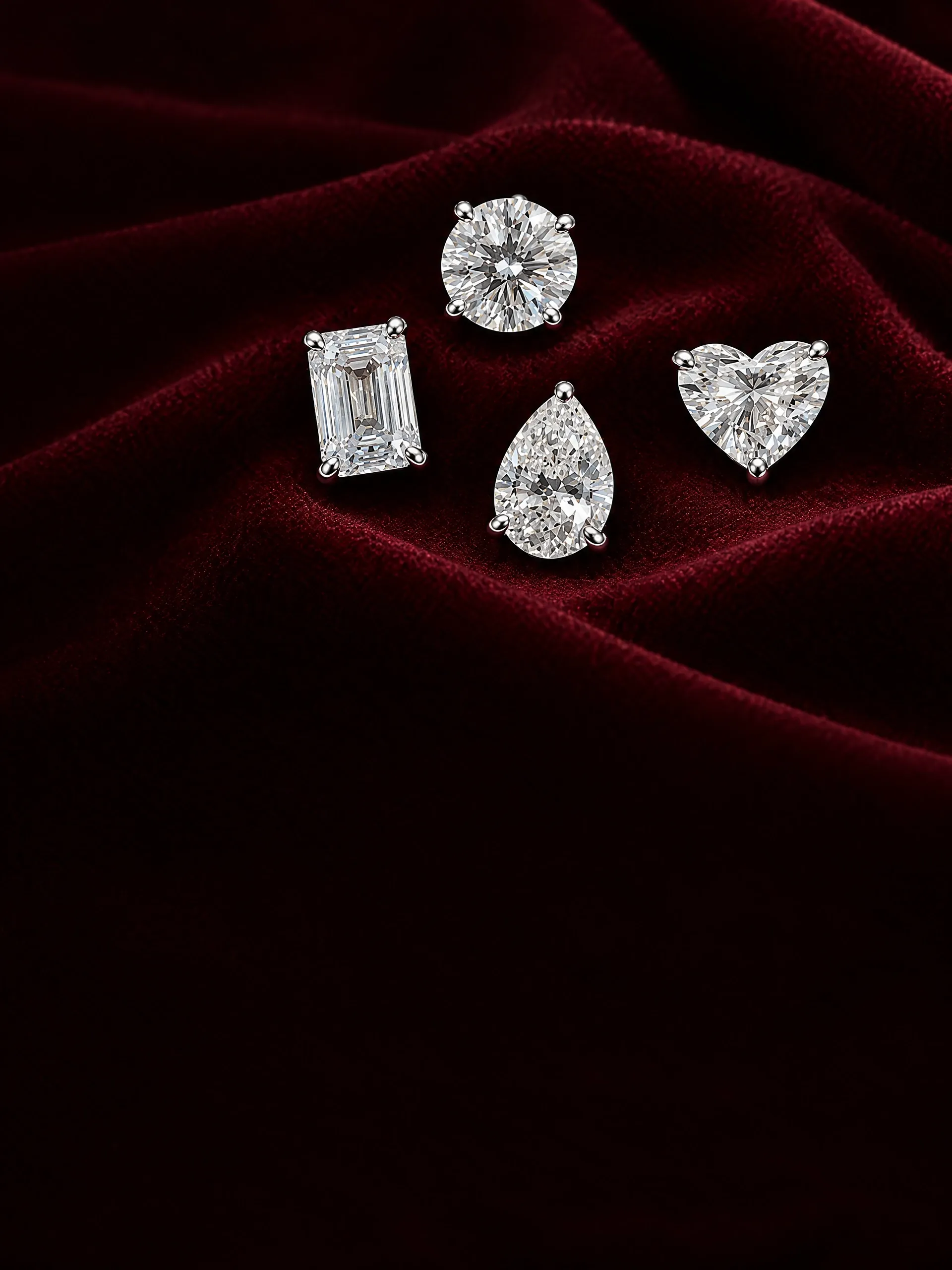 Round, emerald-cut, pear and heart diamond studs resting on burgundy velvet