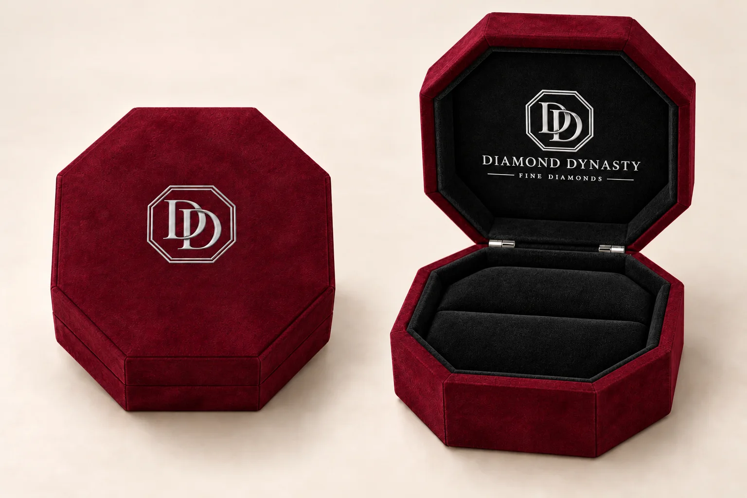 Diamond Dynasty octagonal burgundy suede box with black interior