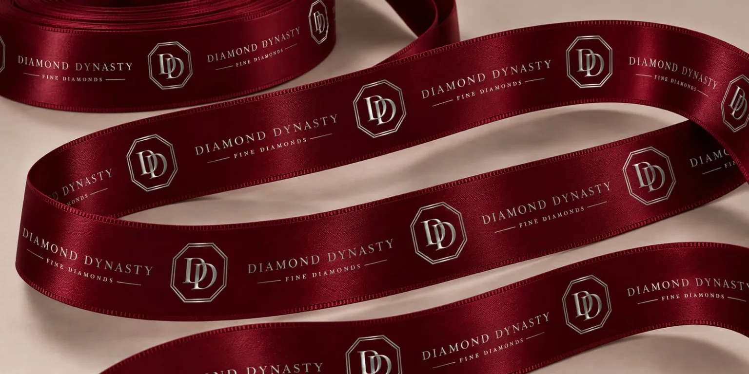 Burgundy satin ribbon with silver Diamond Dynasty branding