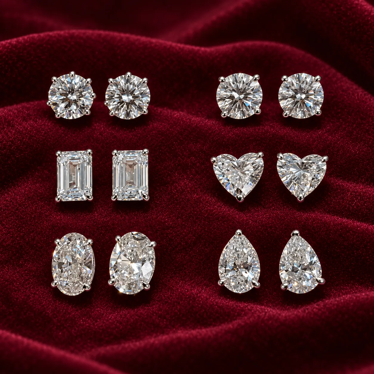 Diamond studs in five shapes on burgundy velvet